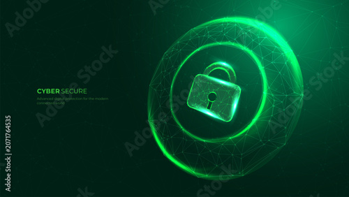 Cyber Secure Banner Green Neon Plexus Sphere Digital Padlock System Protected Technology Background Vector