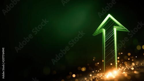Green Neon Arrow Upward Sign with Sparkles and Glowing Effect.