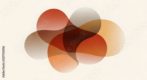Overlapping colorful rounded shapes in orange, red, and brown hues on beige background