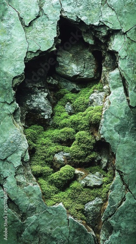 Green Moss Growing In A Deep Cracked Grey Stone Surface Texture Close Up