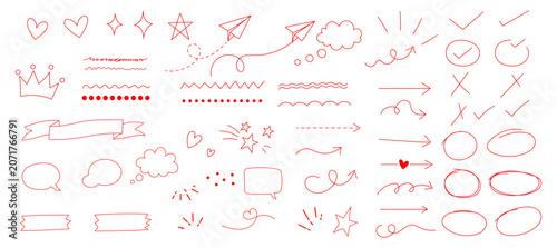 Red Hand Drawn Doodle Highlight Elements. Arrows, Speech Bubbles, Hearts, Stars, Hearts, Underline, Highlight Shapes, paper planes, ribbons and Scribble Lines vector set.