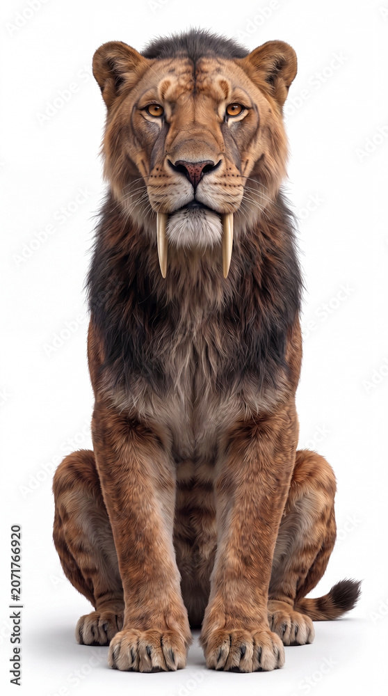 Fototapeta premium Smilodon populator sitting in frontal view, full body prehistoric saber-toothed cat seated on the ground and facing the camera in a symmetrical relaxed posture on white background