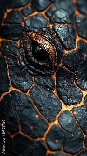 Extreme Macro Detail Of Reptile Eye With Black Scales And Glowing Orange Veins In Dramatic Lighting