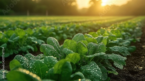 Dewy Green Spinach Field In A Farm At Golden Hour Sunset With Blurred Background