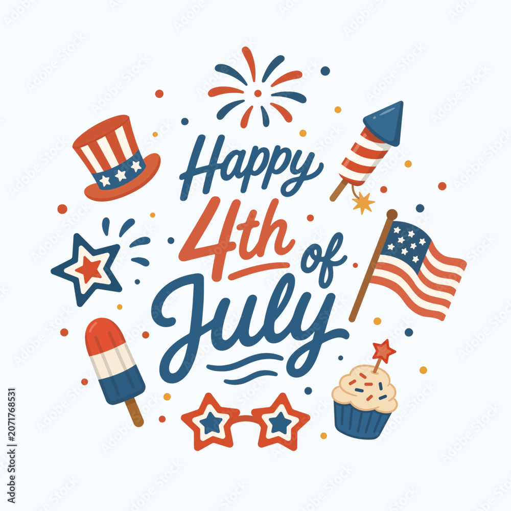 Obraz premium Happy 4th of July hand drawn typography with cute patriotic elements and American flag