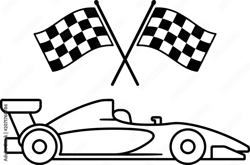 Naklejka premium Formula racing car and checkered flags line icon