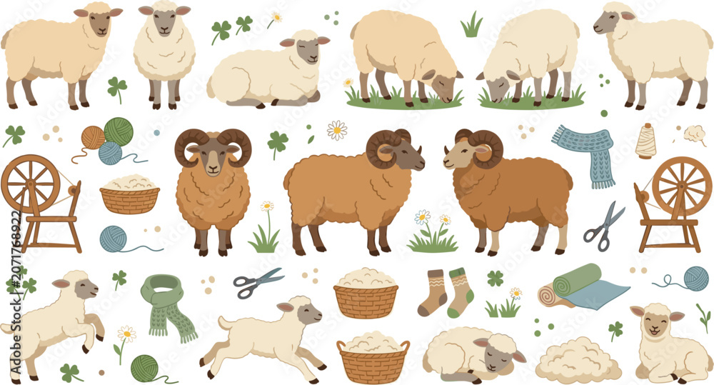 Fototapeta premium Cute sheep and ram vector illustrations set with spinning wheel yarn baskets lambs clover flowers and knitting elements on white background