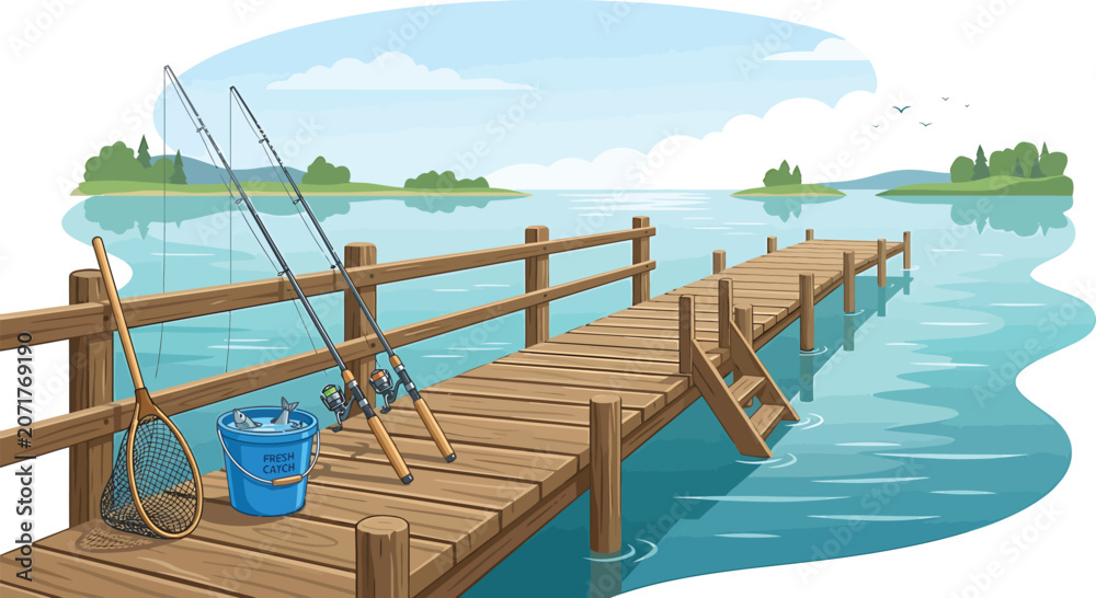 Naklejka premium Fishing rods and bucket on a wooden pier at a lake with fishing gear rod tackle trip sport equipment hobby spot angling equipmen