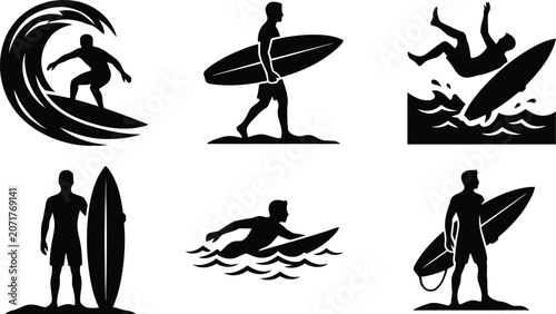 Photography surfing man silhouette set with surfboard and waves black vector collection isol
