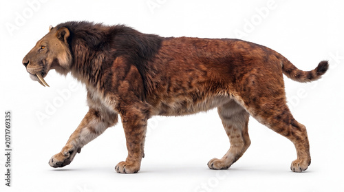 Smilodon populator walking in lateral view, full body prehistoric saber-toothed cat moving naturally in a clear side-profile locomotion pose on white background