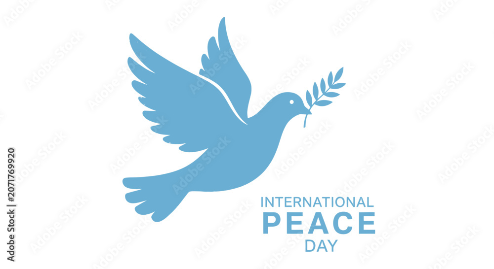 Obraz premium Simple blue dove vector silhouette holding olive branch for International Peace Day on white background Peace Day