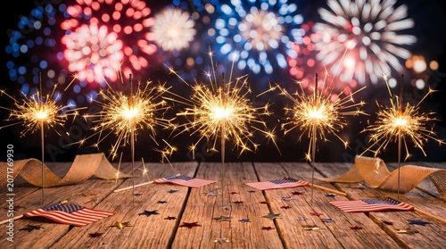 Sparklers and Fireworks Celebration over Wooden Deck