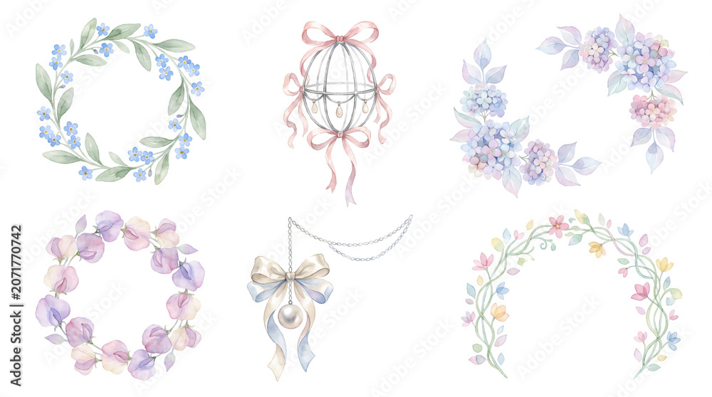 Fototapeta premium Watercolor baptism floral wreaths and delicate ornaments frame set