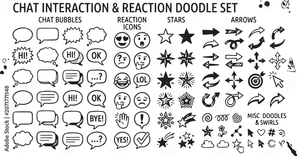 Fototapeta premium Chat Bubble Reaction Icons Stars And Arrows Doodle Set Vector Illustration