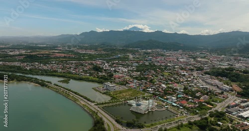 Mosque Bandaraya Kota and panorama of the city. Kinabalu. Sabah, Borneo. Malaysia.