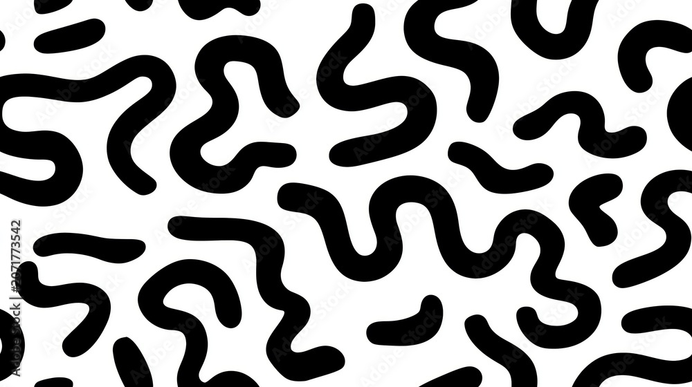 Obraz premium Black squiggly lines forming a seamless organic memphis pattern. Abstract pattern featuring thick black squiggly organic lines on a white background