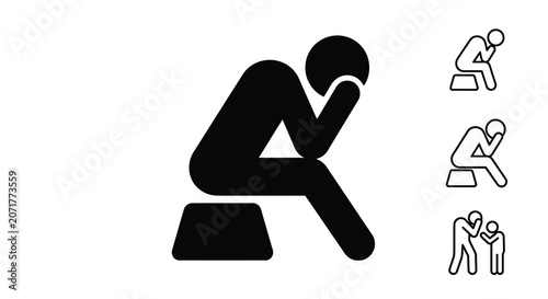 Quadro su tela Praying person silhouette a flat black graphic representation on a white backgro
