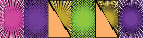 Photos A dynamic set of colorful comic book pop art background banners featuring intense radial speed lines and lightning partitions