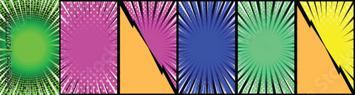Photos A dynamic set of colorful comic book pop art background banners featuring intense radial speed lines and jagged lightning partitions