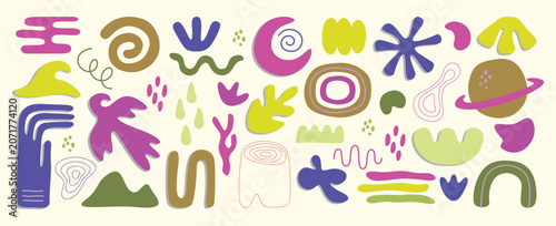 A large compilation of playful Matisse inspired abstract organic shapes, cosmic planets, and hand-drawn whimsical doodles on cream background.