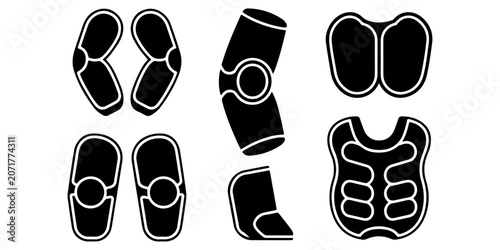 Photos Protective sports equipment icon set featuring vest, knee pad, chest protector a