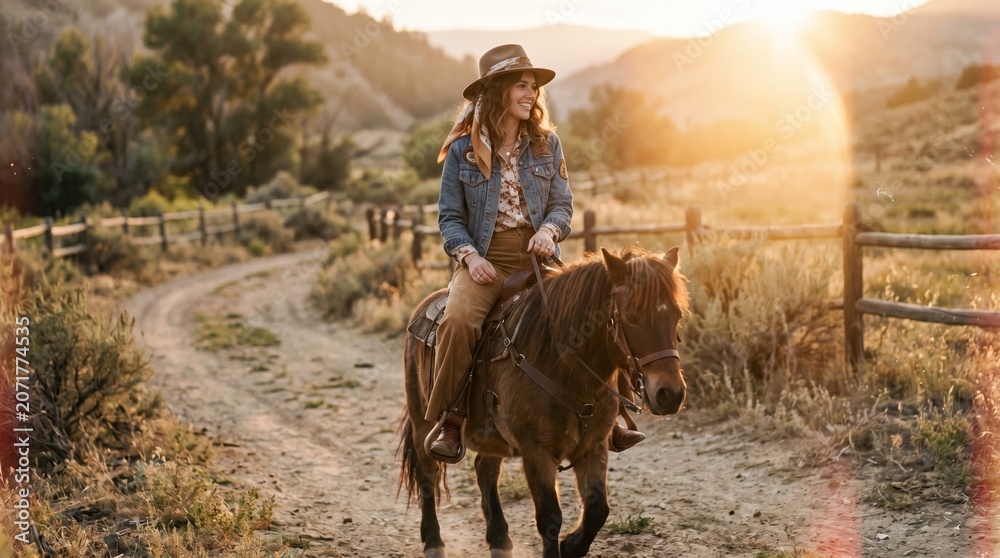 Fototapeta premium A woman rides a horse along a rural path during sunset. Concept of outdoor adventure, leisure, and western lifestyle, showcasing freedom, nature, and relaxation. Generative AI.