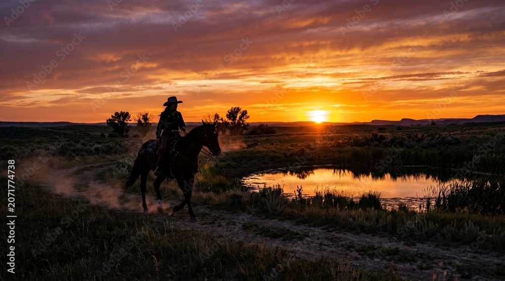Fototapeta premium A cowgirl rides a horse along a scenic mountain trail at sunset. Concept highlights adventure, wilderness exploration, and rural lifestyle, appealing for travel and outdoor enthusiasts. Generative AI.
