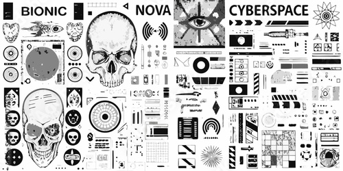 Canvastavla Cyberpunk and retro futuristic vector illustration collage with skulls eyes and