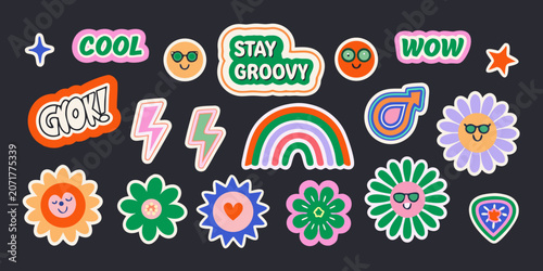 Retro sticker collection featuring colorful floral ornaments speech bubbles and lightning bolts stickers vintage seventies