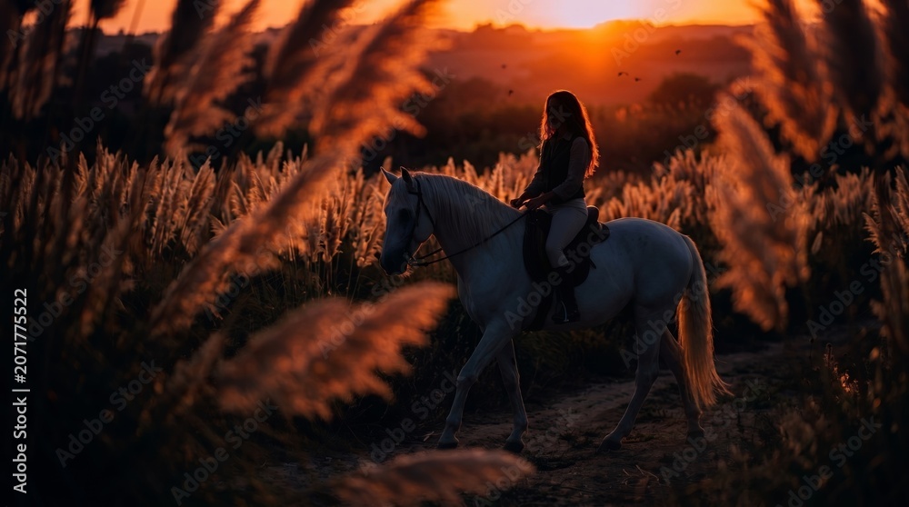 Fototapeta premium A woman rides a white horse through a field during a stunning sunset. The concept is tranquility, nature, and outdoor lifestyle, perfect for themes of relaxation and serenity. Generative AI.