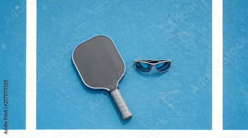 Pickleball Paddle and Sport Sunglasses on Blue Court Surface