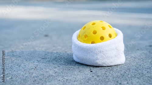 A Yellow Pickleball Sitting Inside a White Wristband on an Outdoor Court Surface
