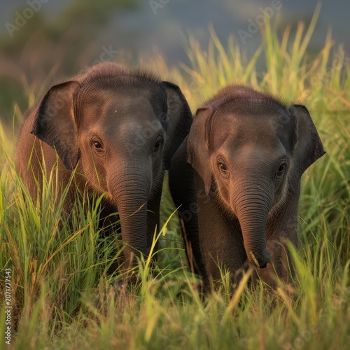 Young Baby Elephants Walking Through Green Grass in Natural Habitat