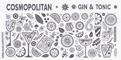 Bild auf Leinwand Cocktail and citrus fruit illustration hand drawn vector style with text labels