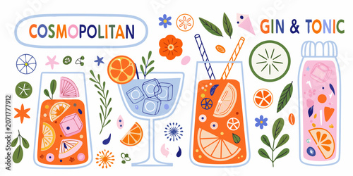 Φωτογραφία Cocktail and garnish vector illustration with citrus slices herbs and floral orn
