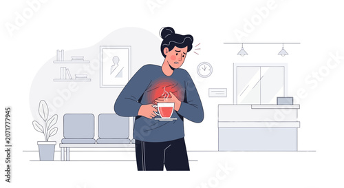 Woman Experiencing Chest Pain While Holding Tea Cup in Hospital Waiting Area