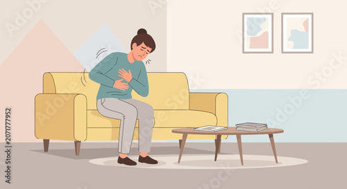 Woman Experiencing Chest Pain While Sitting on the Sofa Feeling Unwell and Sick