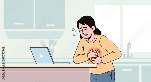 Woman Experiencing Chest Pain While Working From Home Illustrative Concept