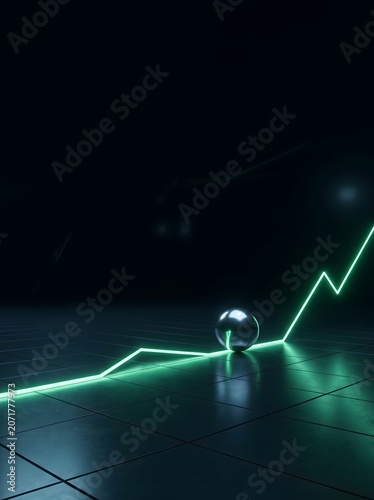 A metallic sphere resting on a glowing neon green line graph representing financial growth and digital market success