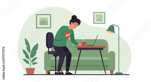 Woman Experiencing Chest Pain While Working From Home Illustrative Concept