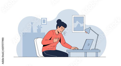 Woman Experiencing Chest Pain While Working on Laptop, Graphic Illustration