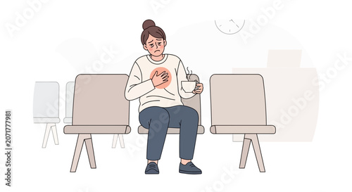 Woman Experiencing Chest Pain While Waiting for Appointment In An Interior