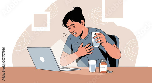 Woman Experiencing Chest Pain While Working on Laptop, Needing Medication Immediately