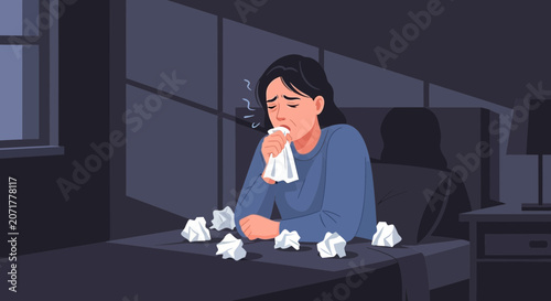 Woman Experiencing Cold Symptoms in The Bedroom During Evening or Nighttime
