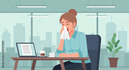 Woman Experiencing Cold Symptoms in High Rise Office Setting Feeling Unwell During Work Hours