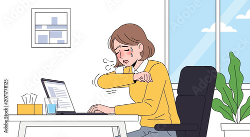 Woman Experiencing Cold Symptoms Sneezing and Working In A Modern Office Environment