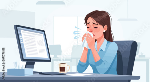 Woman Experiencing Cold Symptoms in The Workplace, Working While Ill, Sneezing at Office