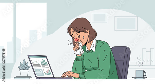 Woman Experiencing Cold Symptoms Working While Ill Office Environment Business Illustration