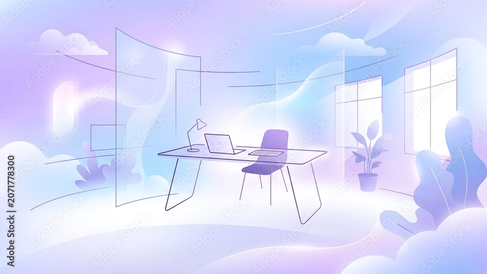 Fototapeta premium Minimalist workplace with laptop on desk inside an abstract dream office