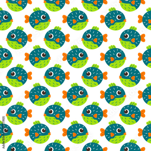 Cute puffer fish seamless pattern. Kawaii round blowfish vector background for kids fabric and wallpaper.